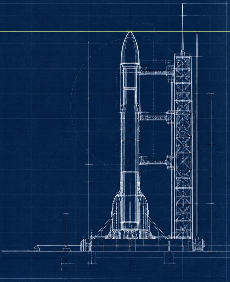 Blueprint drawing of a rocket on its launch gantry